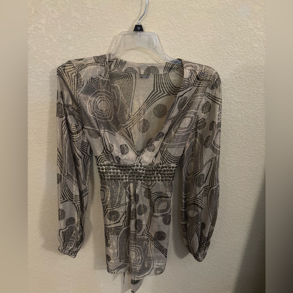 Sheer Geometric Blouse Metallic Gold and Black, Embellished Waist, Sz M
